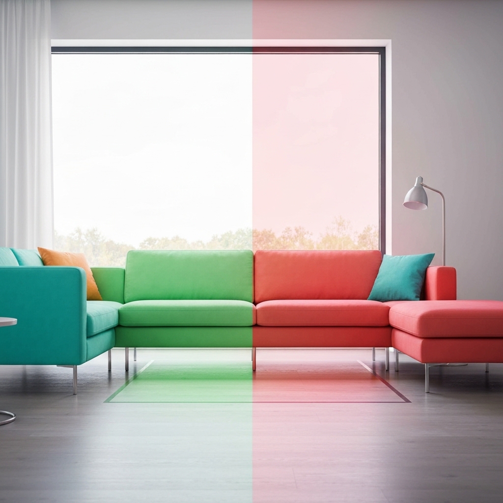 Interior shot of a living room focusing on preserved colorful furniture next to a large window, contrasting with a faded spot to show UV damage prevention