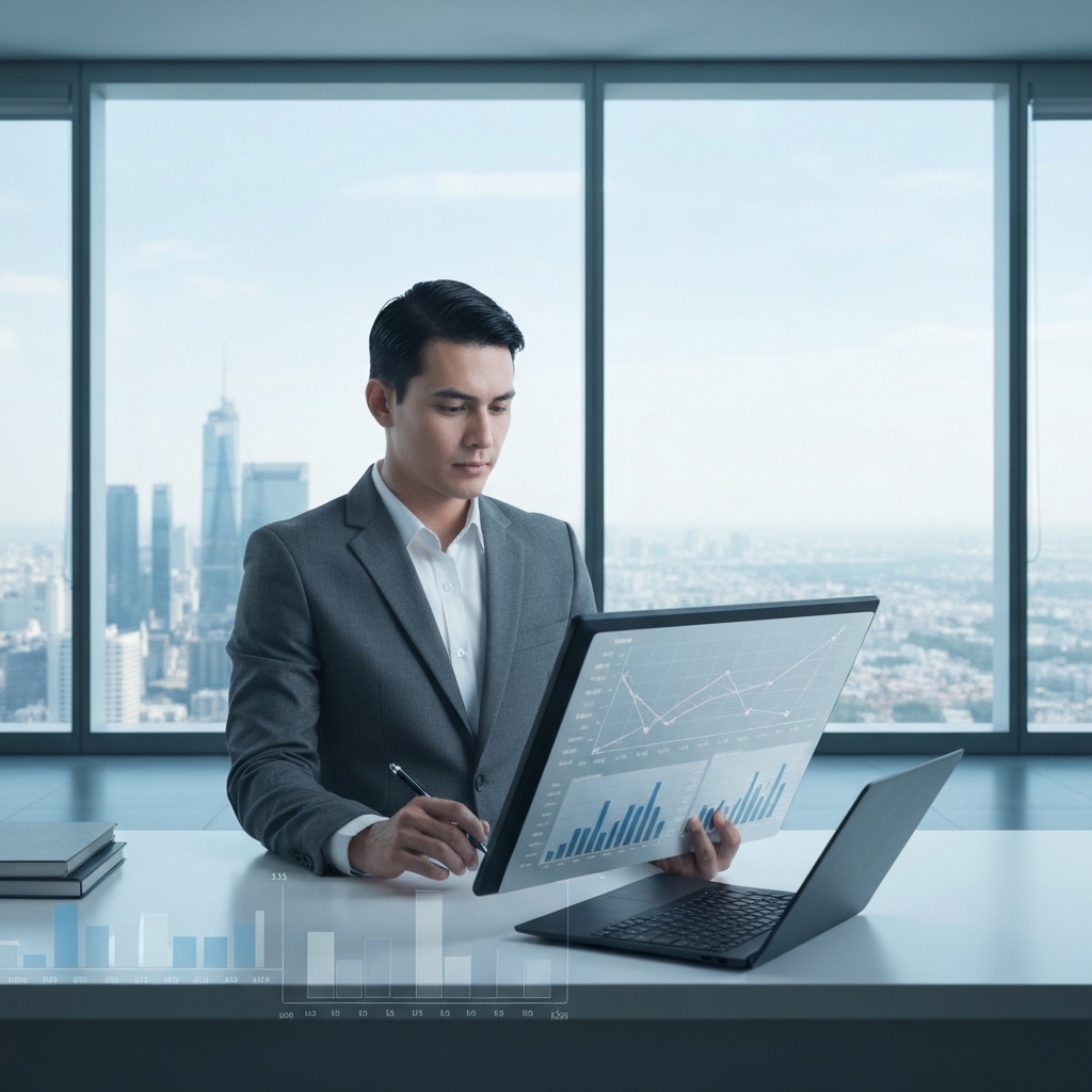 A futuristic office setting showing a digital marketer analyzing SEO data on holographic screens, with a robot assistant in the background.