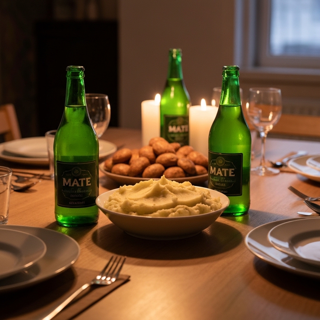 Table set with mashed potatoes dish and green glass bottles of sparkling mate drink