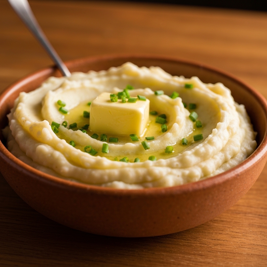 Close up of a creamy mashed potato in a rustic ceramic bowl with melting butter and chives, cozy atmosphere