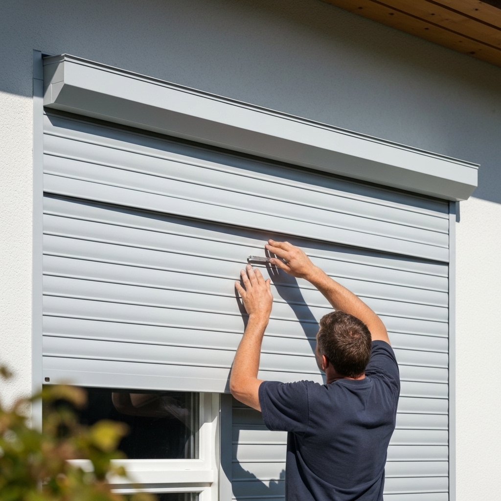 Close up of a technician repairing a modern grey aluminium roller shutter on a sunny swiss house facade