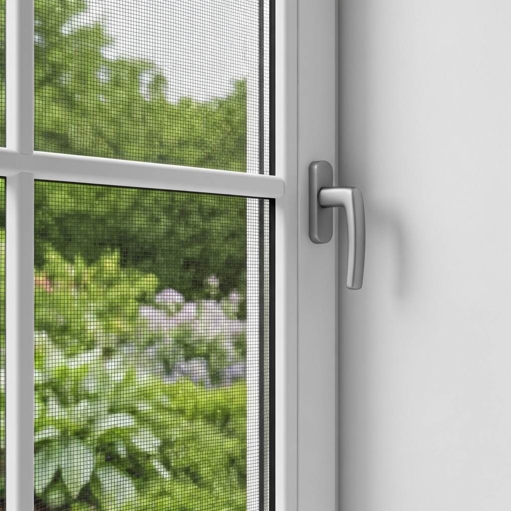 Modern bespoke insect screen installed on a white PVC window frame with garden view