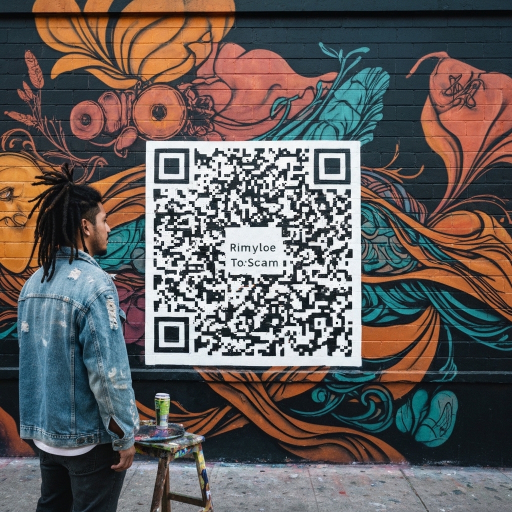 A street artist painting a mural with a large QR code integrated into the corner of the artwork for donations