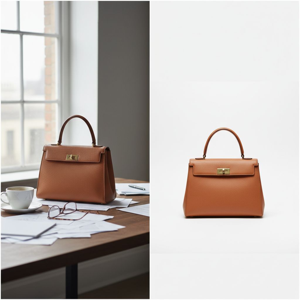 A cool side-by-side comparison: on the left, a product photo with a messy background. On the right, that same product photo but with the background magically zapped away by an AI editor.