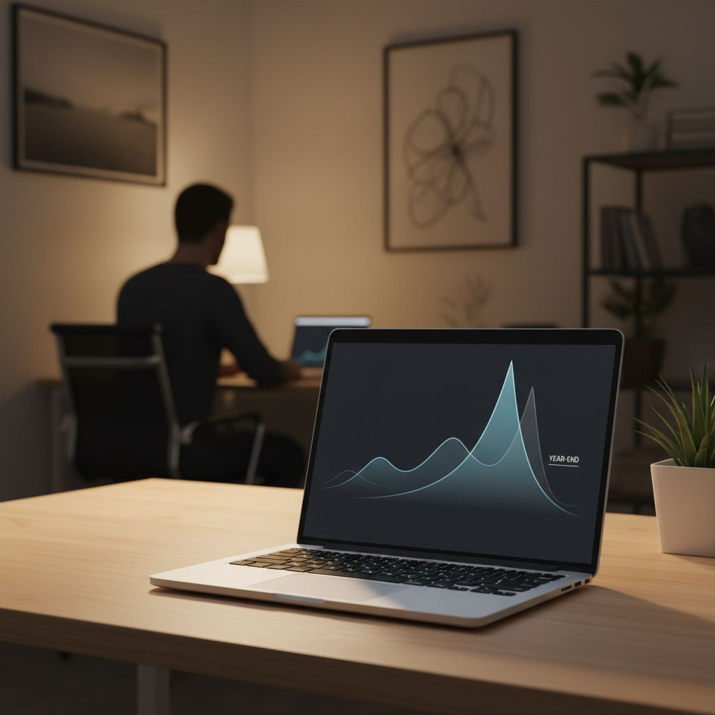 Graphique simple montrant le niveau de stress d'un entrepreneur en fonction du moment de l'année, avec un pic énorme lors de la clôture annuelle.