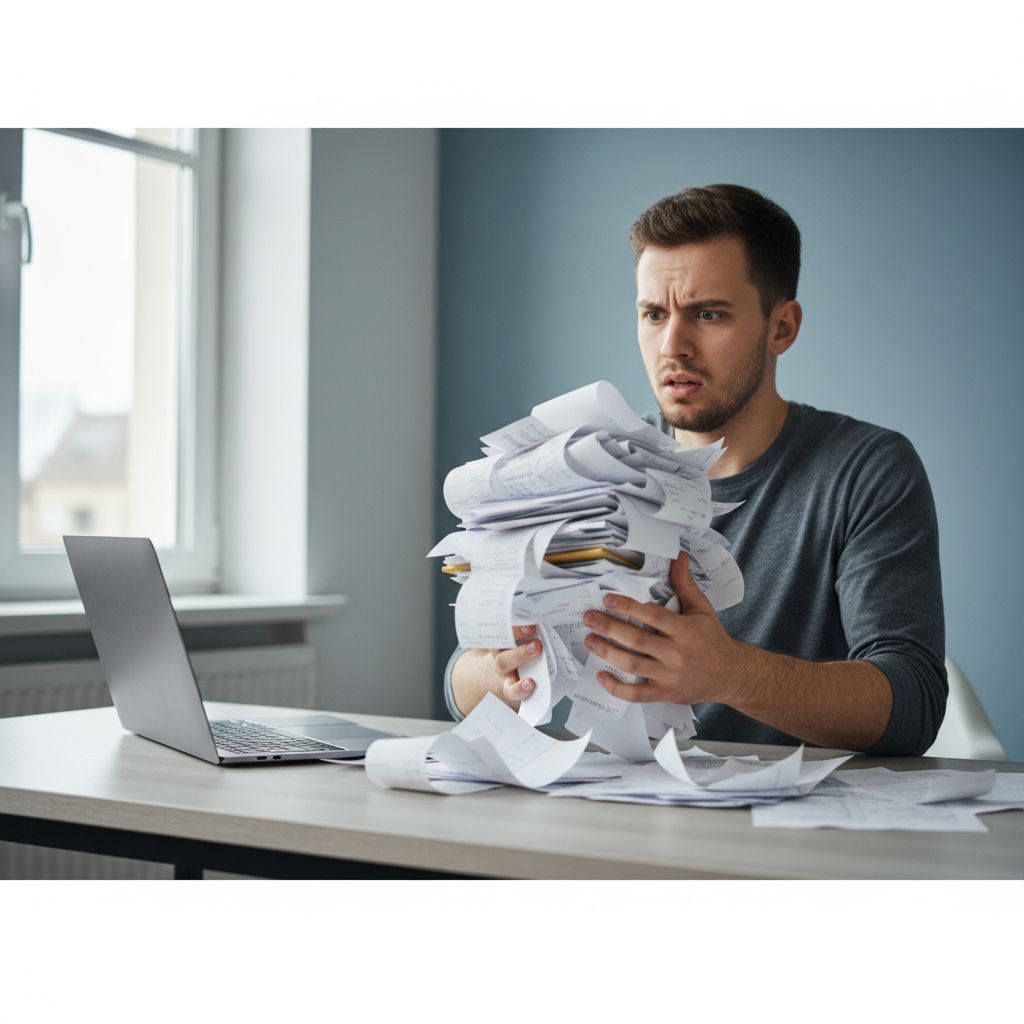 Un entrepreneur stressé devant une pile de documents comptables, se demandant quand engager un comptable pour son entreprise.