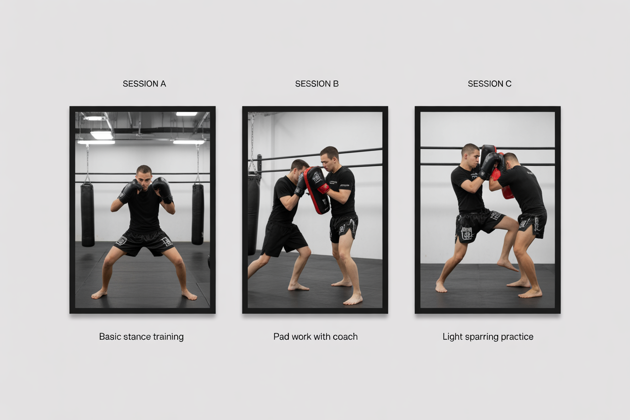 Diagramme d'un plan d'entraînement hebdomadaire de Muay Thai pour débutants, montrant Séance A, B et C.