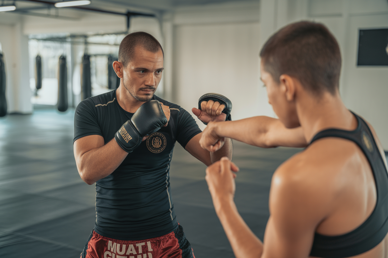 Un coach de Muay Thai montrant la posture de garde de base à un débutant dans un studio de fitness privé.