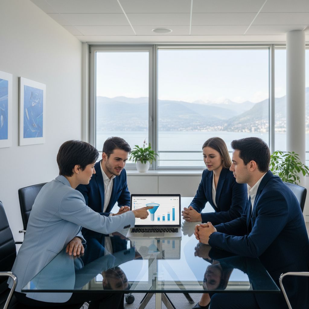 Diagramme du funnel de conversion en marketing de contenu : Découverte (Blog, Infographies), Considération (Webinaires, Whitepapers), Décision (Études de cas, Démos).