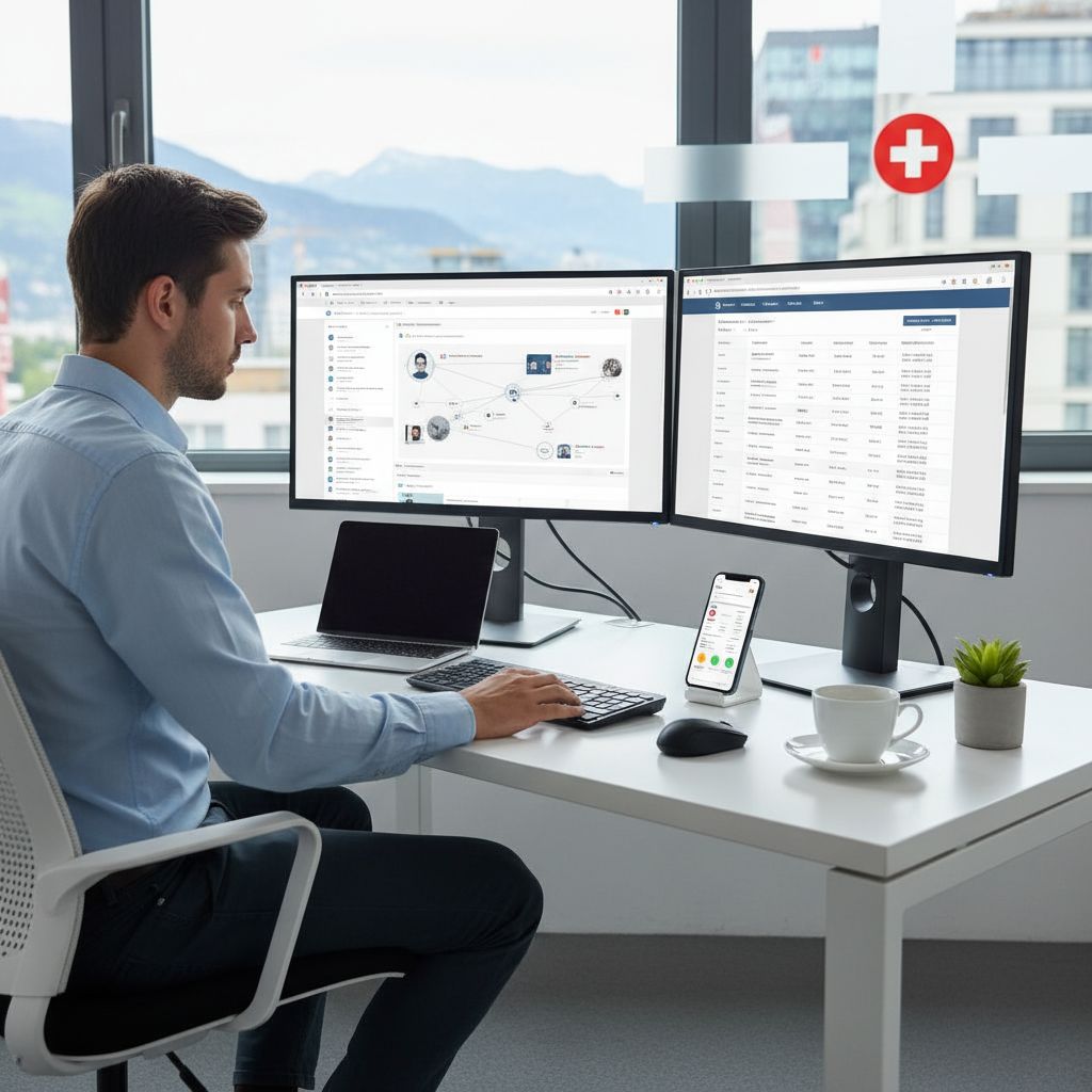 Infographie illustrant les canaux de distribution pour un SaaS en Suisse : SEO (Hub de contenu), LinkedIn (Leadership), et Emailing (Nurturing).