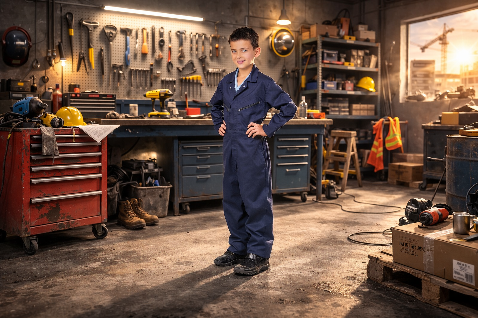 Atelier familial de bricolage avec un adolescent portant un bleu de travail enfant ajusté, debout devant un établi en bois.
