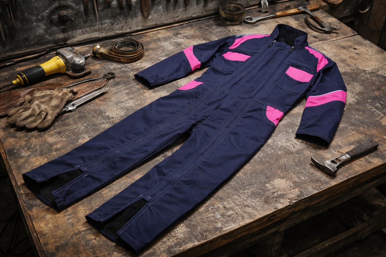 Gros plan réaliste d'un bleu de travail enfant en taille 40/L posé sur un établi d'atelier. 