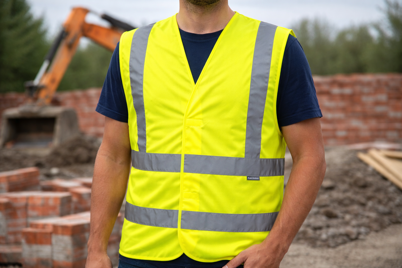 Homme portant un gilet haute visibilité Portwest sur un chantier 