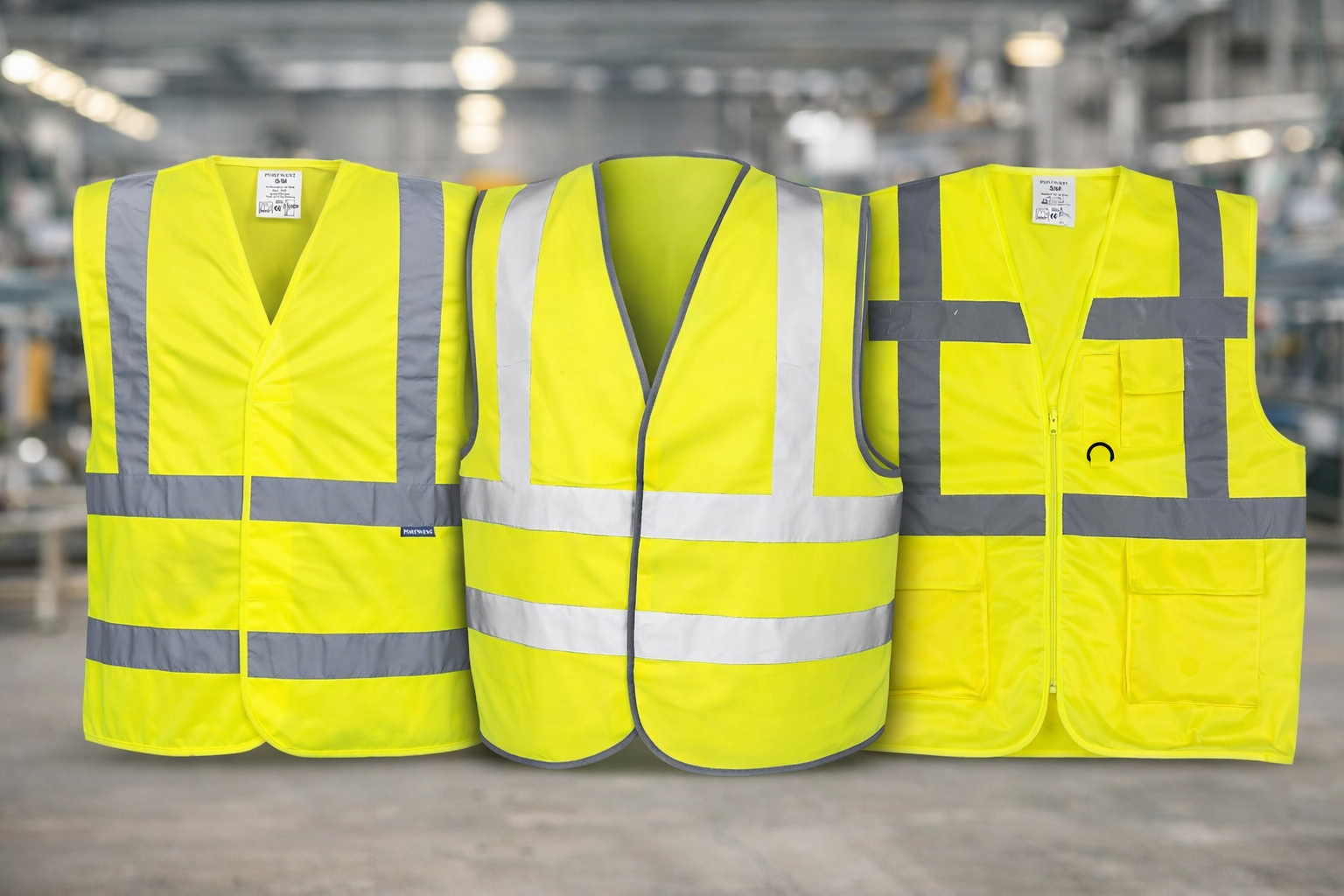 Photo professionnelle en gros plan montrant trois gilets de sécurité haute visibilité disposés côte à côte sur une surface de travail neutre, illustrant clairement les différences visuelles entre les trois classes de la norme EN ISO 20471. Chaque gilet présente des quantités croissantes de matière fluorescente jaune ou orange et de bandes rétroréfléchissantes argentées. Le gilet de classe 1 montre des bandes minimales, le gilet de classe 2 des surfaces intermédiaires, et le gilet de classe 3 une couverture maximale avec bandes sur les épaules et le torse. L'éclairage industriel doux met en valeur les textures et les reflets des matériaux rétroréfléchissants. Composition nette, focus précis, fond neutre gris clair, aucun texte visible, aucun logo.