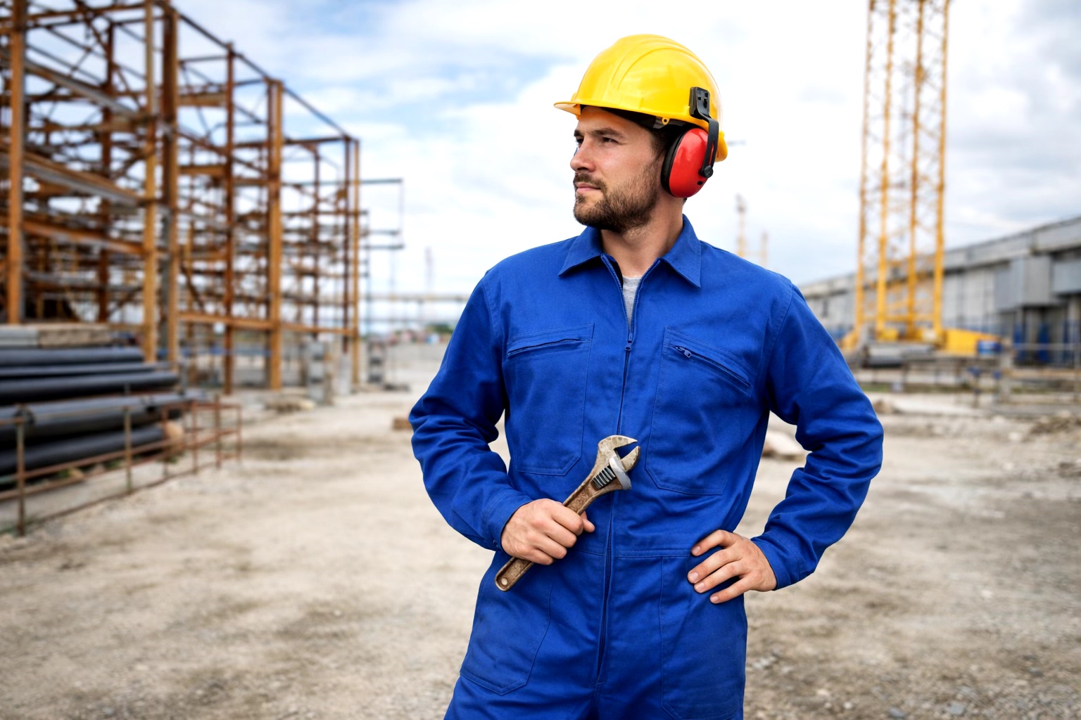 Professional construction worker wearing blue work coverall on industrial building site, reinforced knee patches visible, multiple functional pockets, safety boots, realistic worksite environment with tools and materials, natural daylight, professional focused posture, ultra-realistic photo style, no text or logos visible