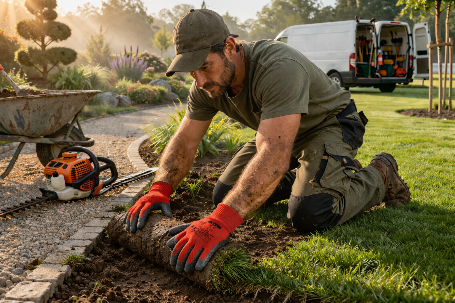 Photo professionnelle montrant un paysagiste travaillant en plein soleil, portant une tenue de travail estivale technique: t-shirt respirant à manches courtes, pantalon cargo léger avec poches cargo renforcées, chaussures de sécurité S1P basses. L'environnement montre un chantier paysager en été (pelouse, arbustes, outils de jardinage). La tenue est propre, fonctionnelle, avec des tissus techniques visibles (maille aérée, couleurs sobre beige/gris). Posture naturelle au travail, ambiance professionnelle rassurante. Lumière naturelle estivale douce. Aucun texte, logo ou marque visible.