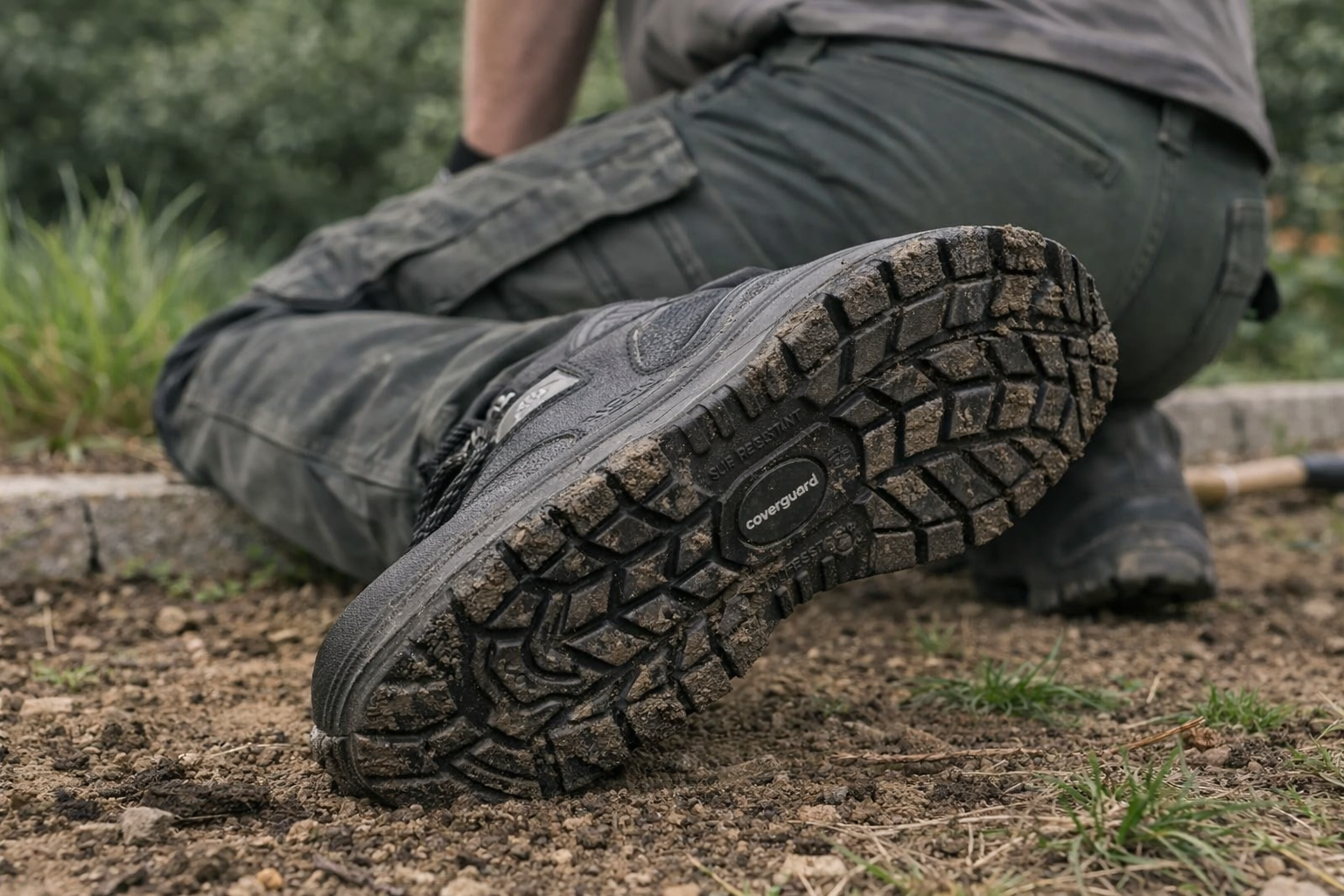 Photo réaliste professionnelle montrant un paysagiste portant des chaussures de sécurité ventilées normées S1P ou S3, visibles en gros plan sur terrain professionnel (pelouse, gravier, terre). La chaussure présente des panneaux mesh apparents et semelle anti-perforation robuste. L'environnement extérieur estival suggère la chaleur (lumière vive, végétation dense). Posture naturelle de travail, focus sur l'équipement de protection des pieds en situation réelle. Ambiance professionnelle sérieuse, lumière naturelle douce, couleurs sobres (noir, gris, beige). Composition nette centrée sur la chaussure technique portée, sans texte ni logo visible.