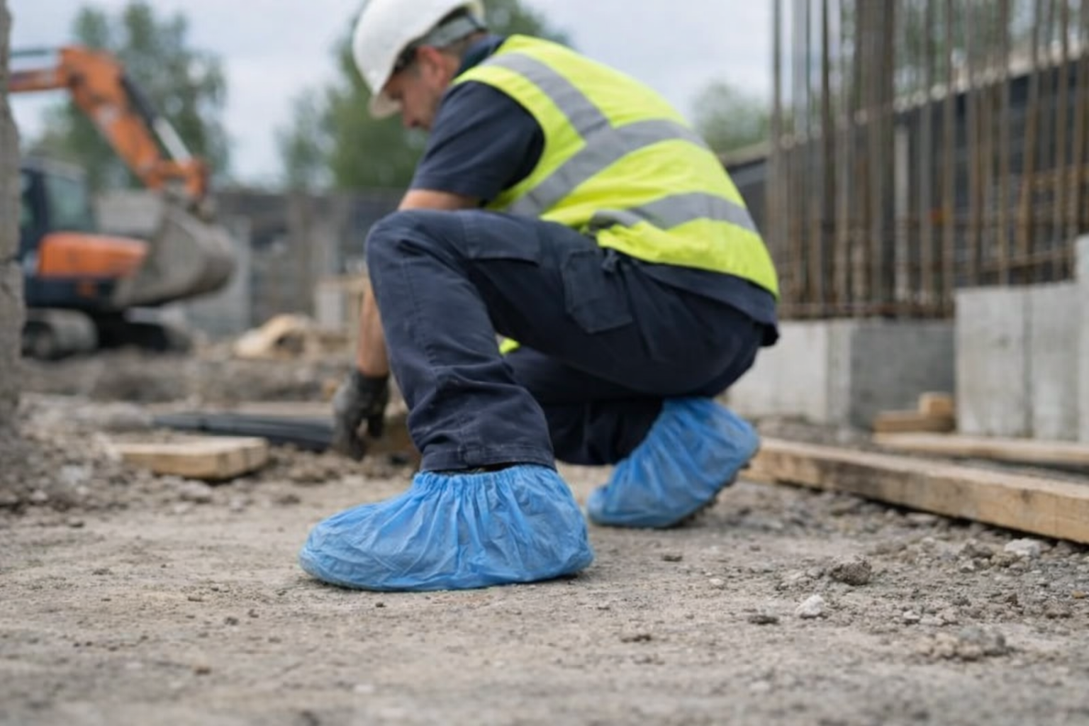 Photo réaliste professionnelle d'un travailleur sur un chantier BTP portant des surchaussures de sécurité par-dessus ses chaussures de chantier, avec casque et gilet haute visibilité. Vue rapprochée sur les pieds montrant clairement les surchaussures protectrices en conditions réelles de travail. Environnement de construction avec matériaux, outils et sol poussiéreux visible. Lumière naturelle douce, ambiance professionnelle et sérieuse. Composition nette centrée sur l'équipement de protection des pieds en usage concret. Couleurs sobres: gris béton, bleu travail, jaune sécurité discret. Aucun texte, logo ou marque visible.