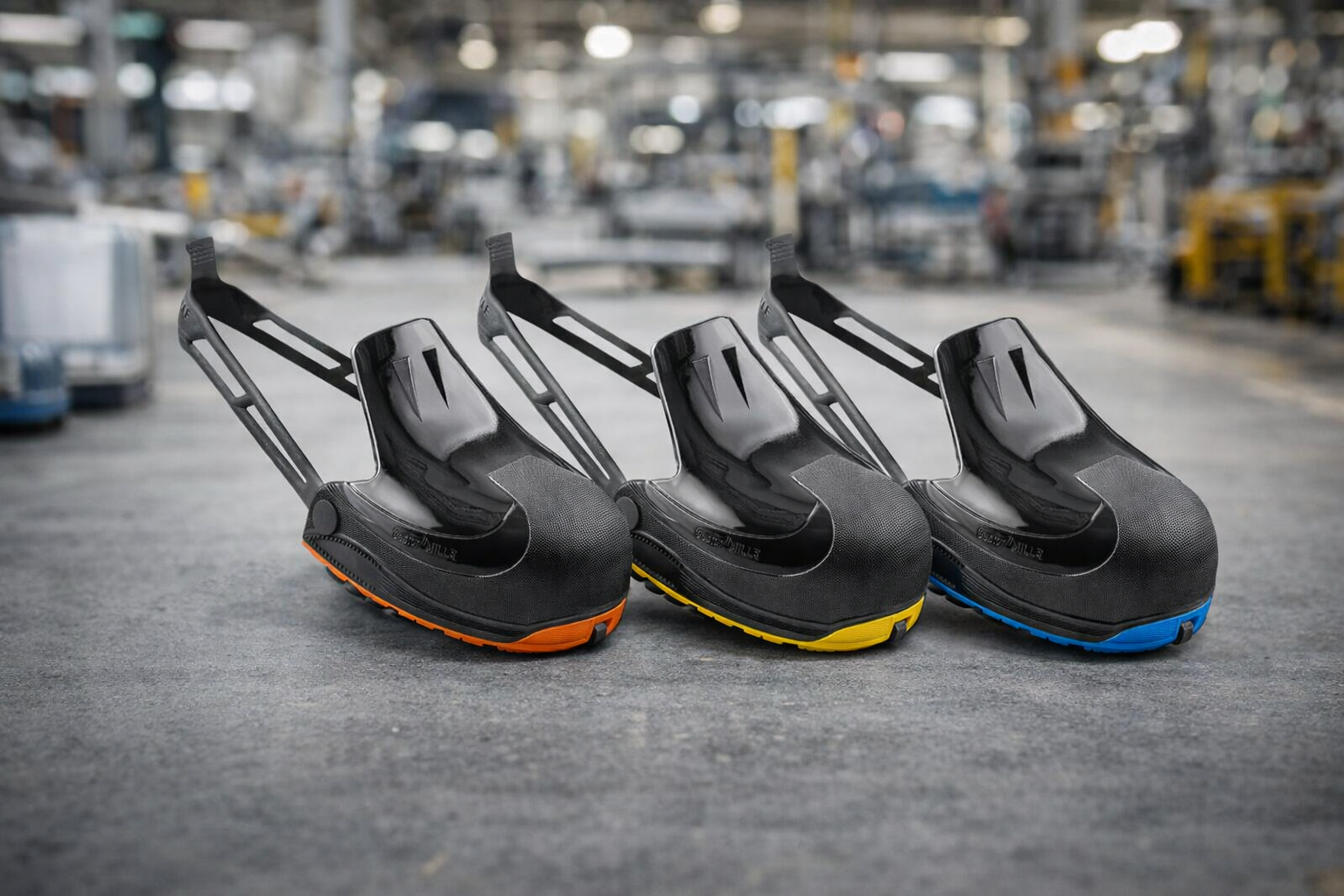 Photo réaliste professionnelle montrant trois paires de surchaussures de sécurité alignées côte à côte sur un sol industriel, chacune avec un design et une semelle différents. 