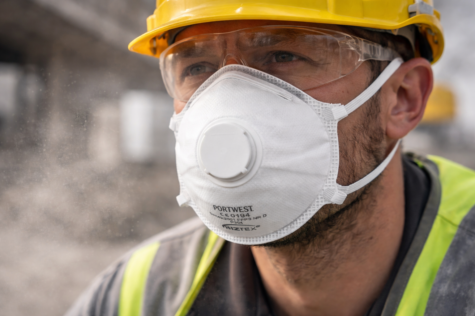 homme sur un chantier portant un masque portwest