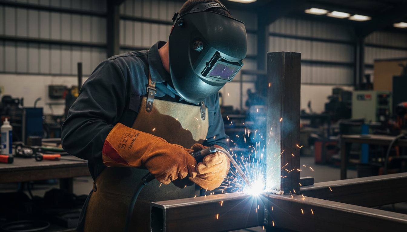 Close-up professional photograph of industrial safety gloves being worn by a worker near a metalworking station with visible heat sources. The gloves show clear protective features with reinforced palms and thermal insulation layers. The scene captures a realistic manufacturing environment with metal machinery and ambient industrial lighting. The worker's hands are positioned naturally while handling hot metal components. Background shows blurred workshop equipment with soft natural light filtering through high windows. Color palette: charcoal grey gloves, warm metallic tones from heated steel, muted industrial blues and greys. Ultra-realistic professional photo quality, sharp focus on glove texture and protective details, no text or labels visible.