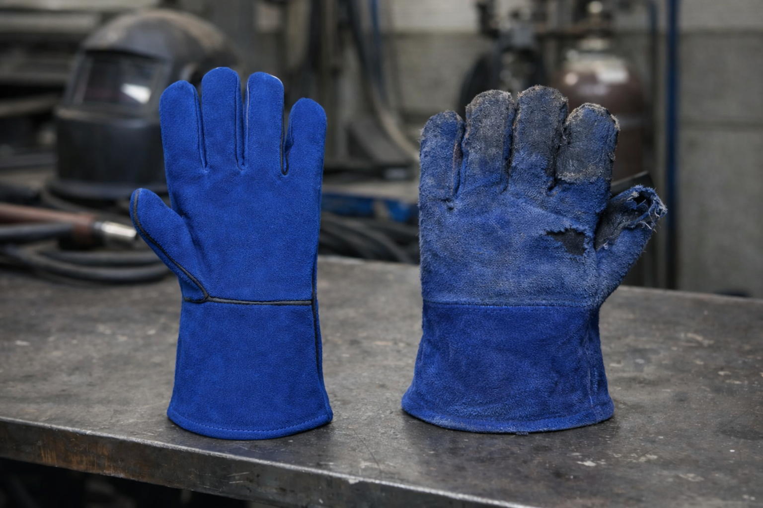 Close-up photo showing two identical industrial thermal gloves side by side on metal workbench, one brand new with pristine surface, the other visibly worn with frayed seams, surface damage and discoloration from heavy use. Industrial workshop background with welding equipment slightly blurred. Realistic lighting highlighting the contrast between new and deteriorated protective equipment. No text, no labels, no branding visible.