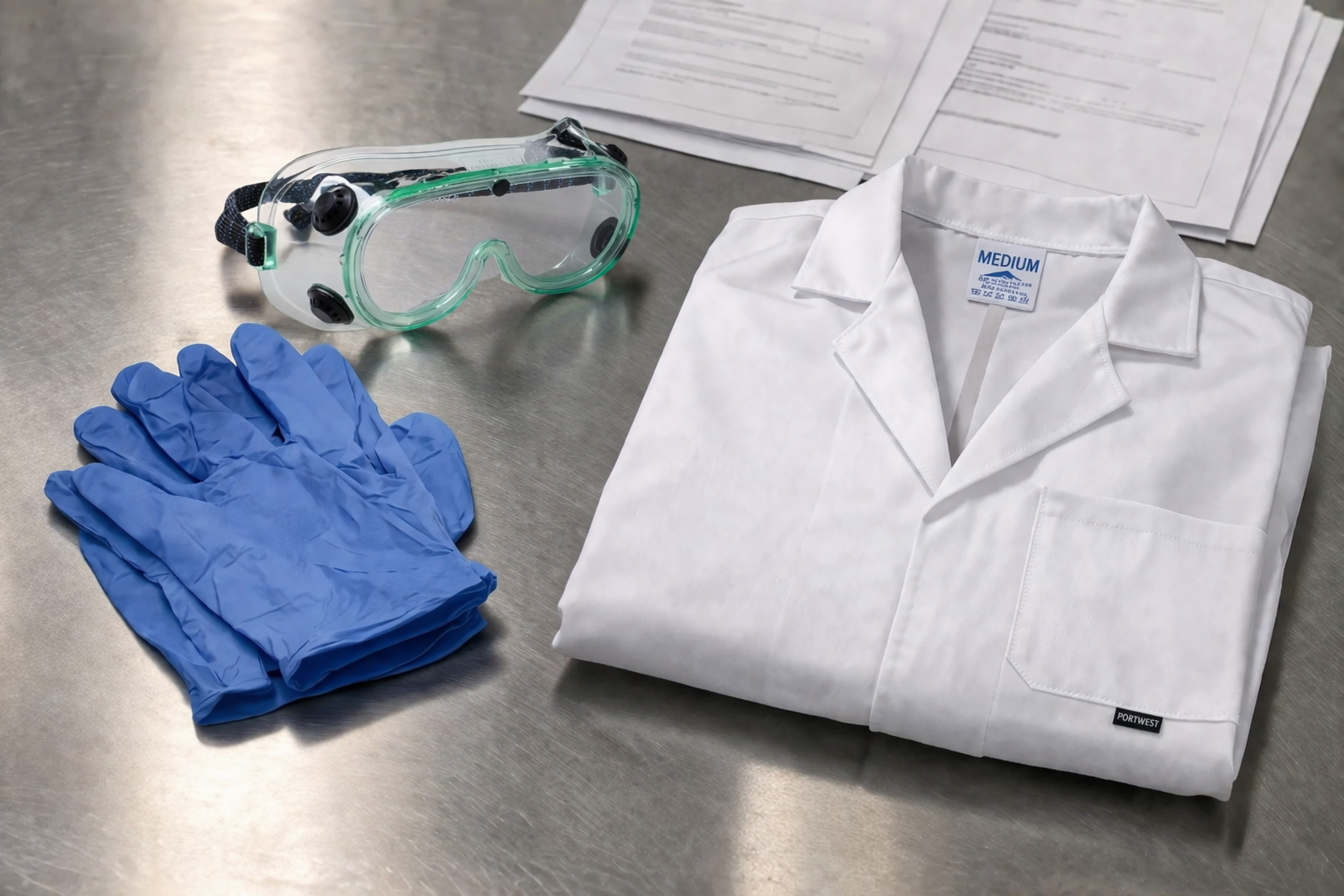 Close-up photograph of pharmaceutical laboratory personal protective equipment with visible CE certification markings and safety standard labels. Show disposable gloves, safety goggles, and protective coverall laid flat on stainless steel surface with official EU certification documents partially visible alongside. Clean industrial setting with soft diffused lighting highlighting the regulatory compliance symbols EN 374, EN 14126, and notified body numbers embossed on equipment. Professional quality product photography style, shallow depth of field focusing on certification marks, neutral color palette of white, blue, and grey tones representing sterile pharmaceutical environment.
