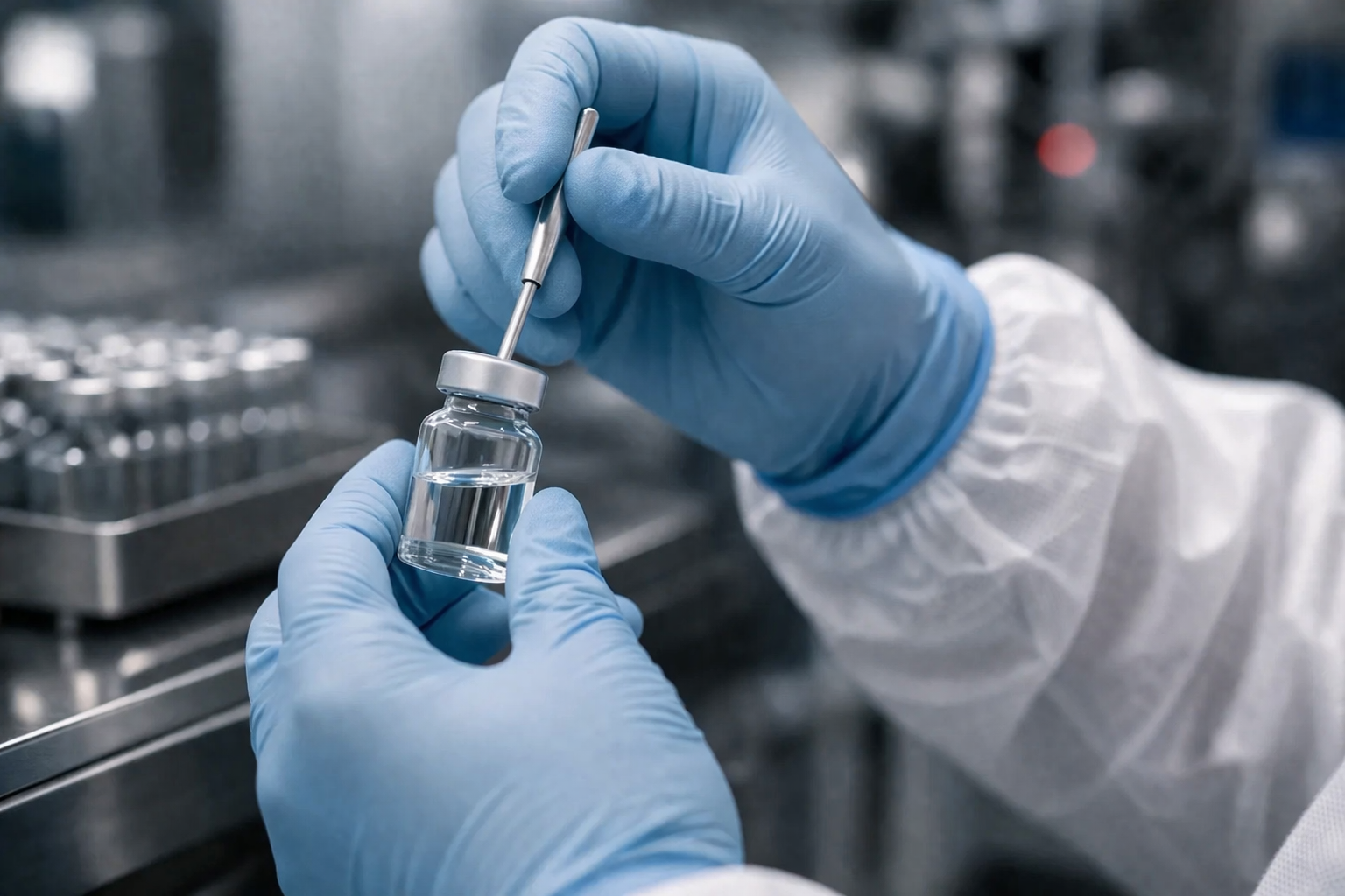 A scientist in a lab coat examining a vial.