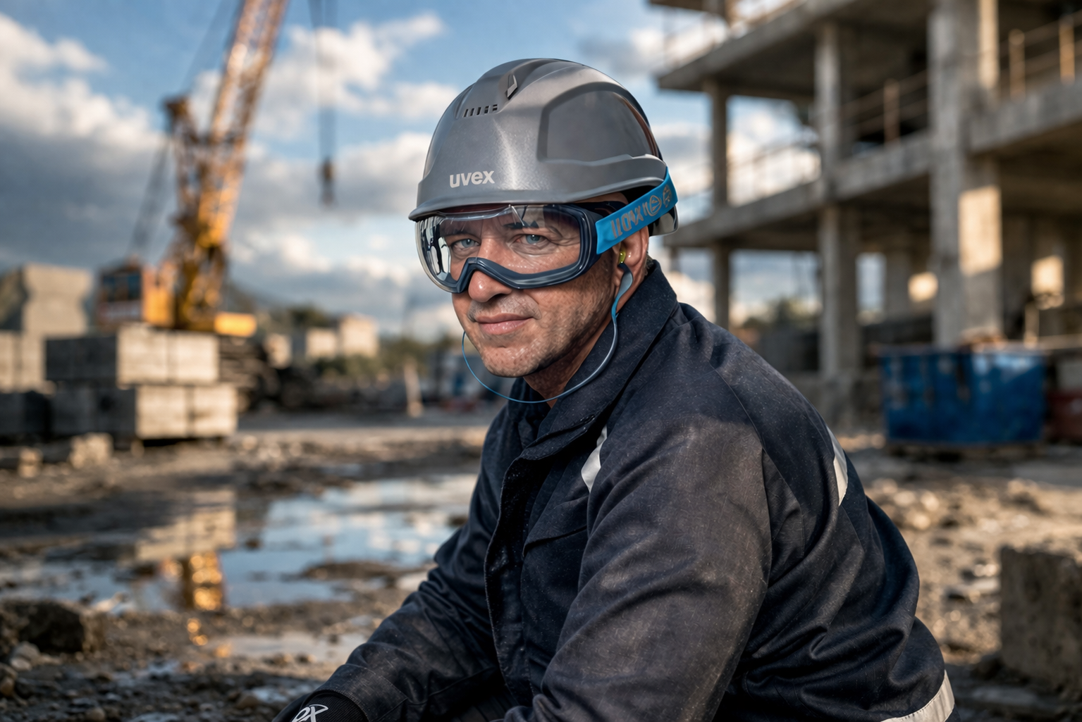 Homme portant des lunettes-masques uvex compatibles lunettes de vue sur un chantier