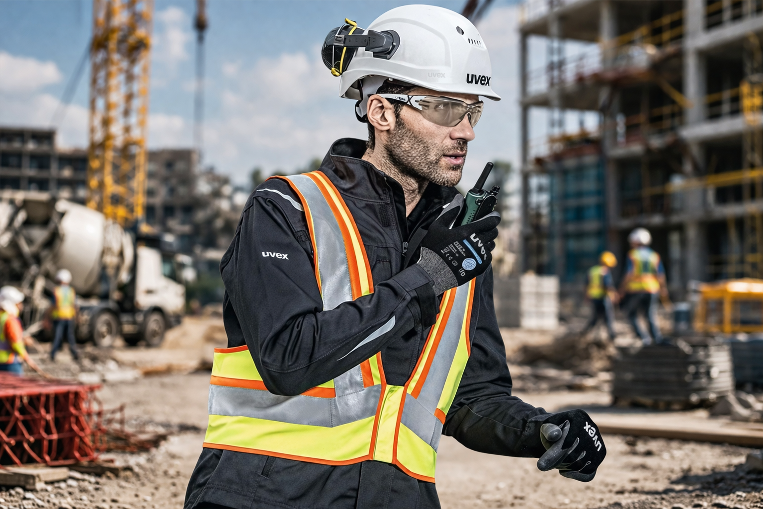 Construction worker wearing a white hard hat, clear safety glasses, black workwear, gloves, and a high-visibility vest, speaking into a walkie-talkie on a busy construction site with cranes and workers blurred in the background.