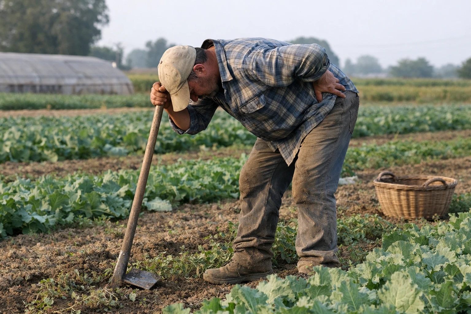 Agricultural worker bent over in vegetable field showing physical strain from repetitive manual labor, early morning lighting, realistic documentary style showing ergonomic challenges of farm work with traditional hand tools, focus on body posture and physical effort required in modern agriculture
