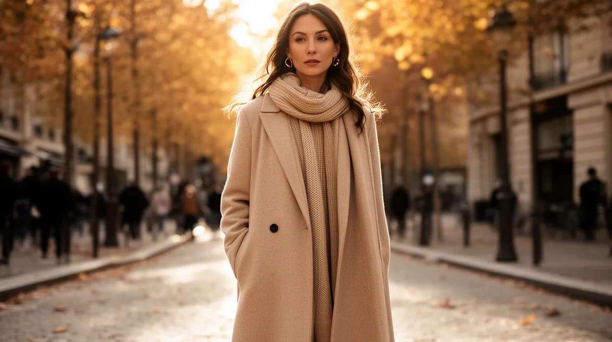 Femme élégante en manteau beige marchant dans une rue d'automne.