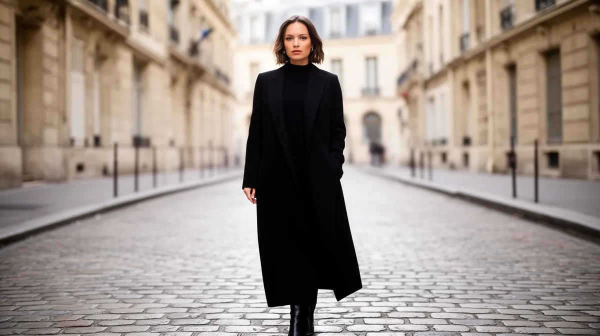 Femme élégante en manteau noir dans une rue pavée de Paris.