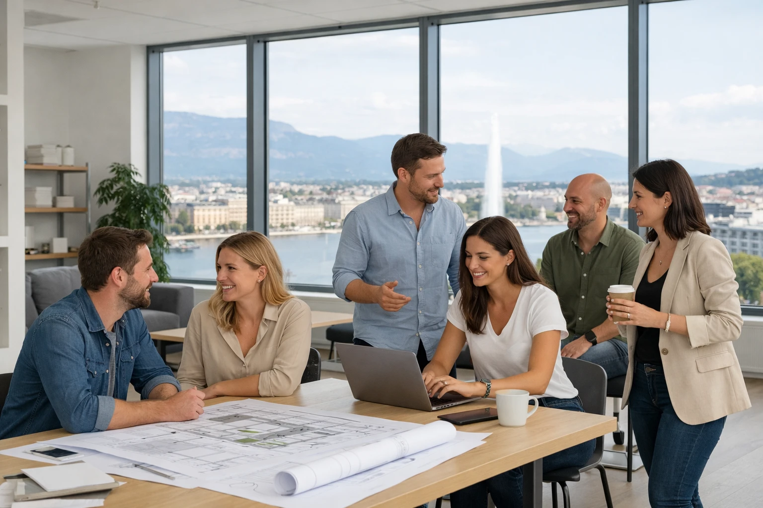 Communication professionals meeting in modern Geneva office with shopping center layout plans, collaborative workspace with Swiss cityscape visible through windows, realistic business photography style