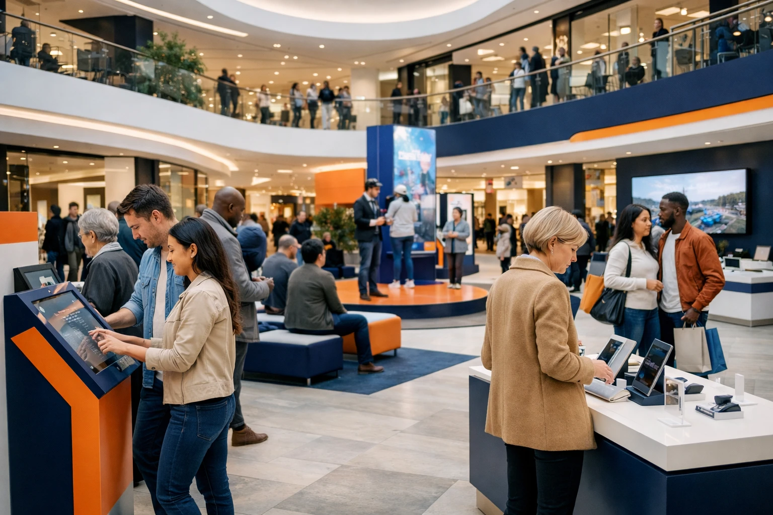 Bustling modern Swiss shopping center interior showing diverse shoppers interacting with promotional displays, digital screens, and event spaces, capturing the evolution of retail experiences in 2026