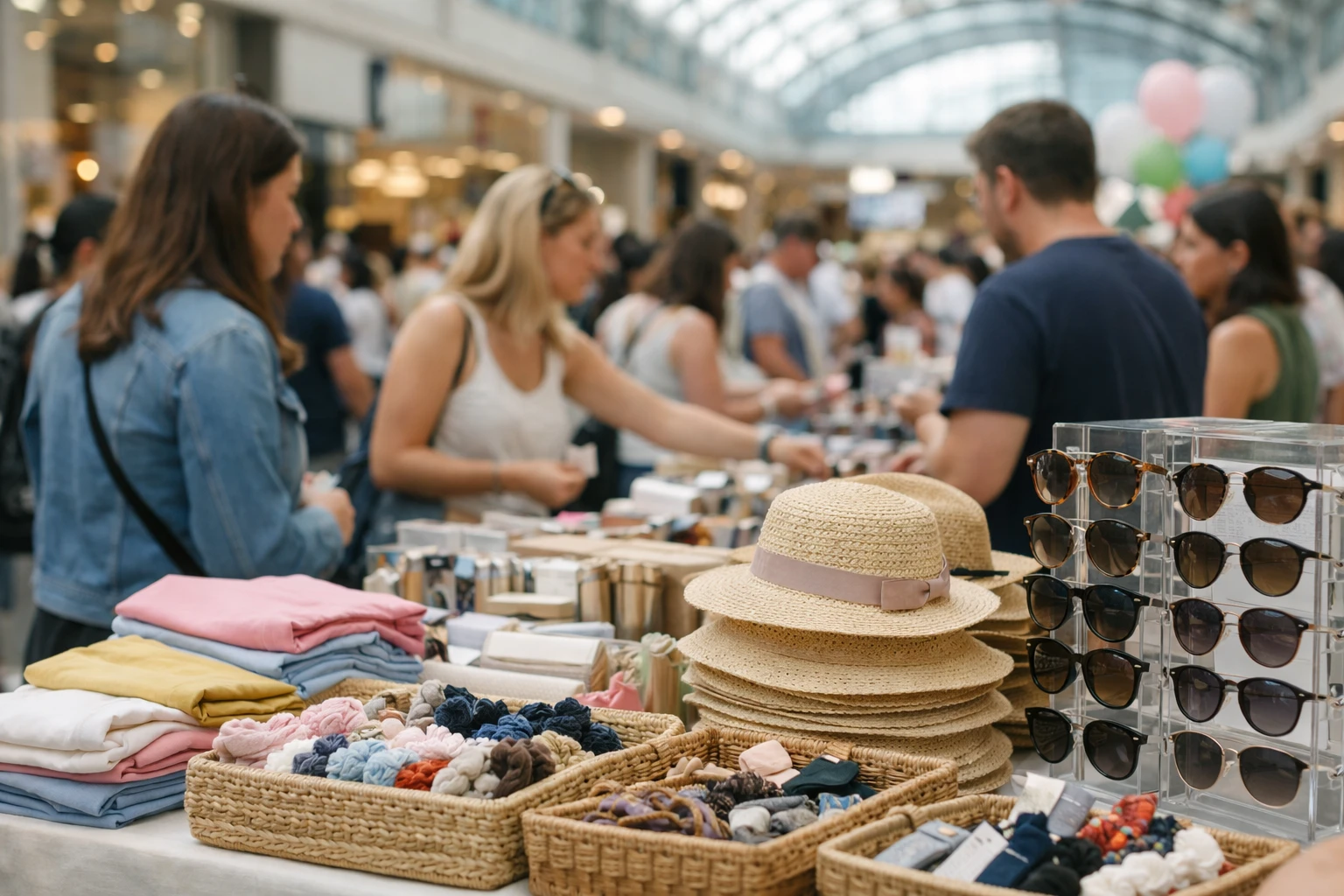 Busy shopping mall interior with colorful promotional banners and crowds of shoppers browsing during a special event, retail environment with multiple store fronts visible, natural lighting from skylights, people engaged in promotional activities, vibrant commercial atmosphere in Switzerland