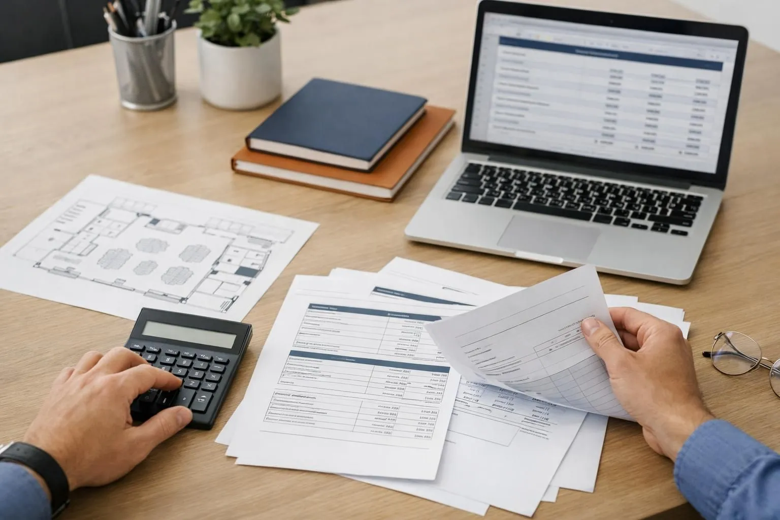 Event planner reviewing budget documents with calculator and pricing charts spread across desk, commercial venue floor plan visible, professional office environment with modern laptop displaying cost breakdown spreadsheet
