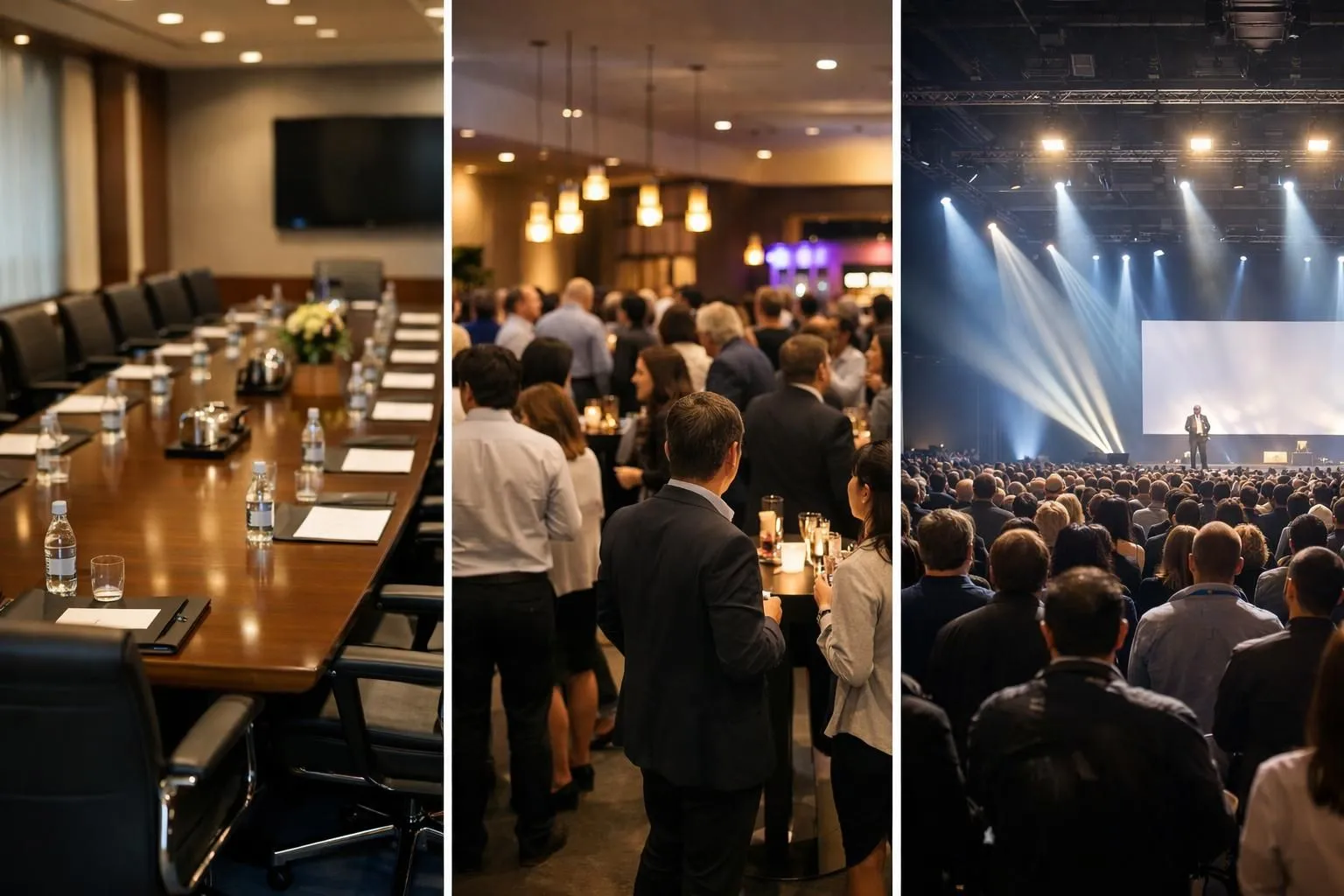 Split view comparison showing three distinct event scales: intimate corporate meeting room with 20 people around table, medium-sized evening reception with 150 guests in modern venue with cocktail setup, and large-scale product launch with stage lighting and hundreds of attendees in exhibition hall, professional photography style, realistic corporate event atmosphere