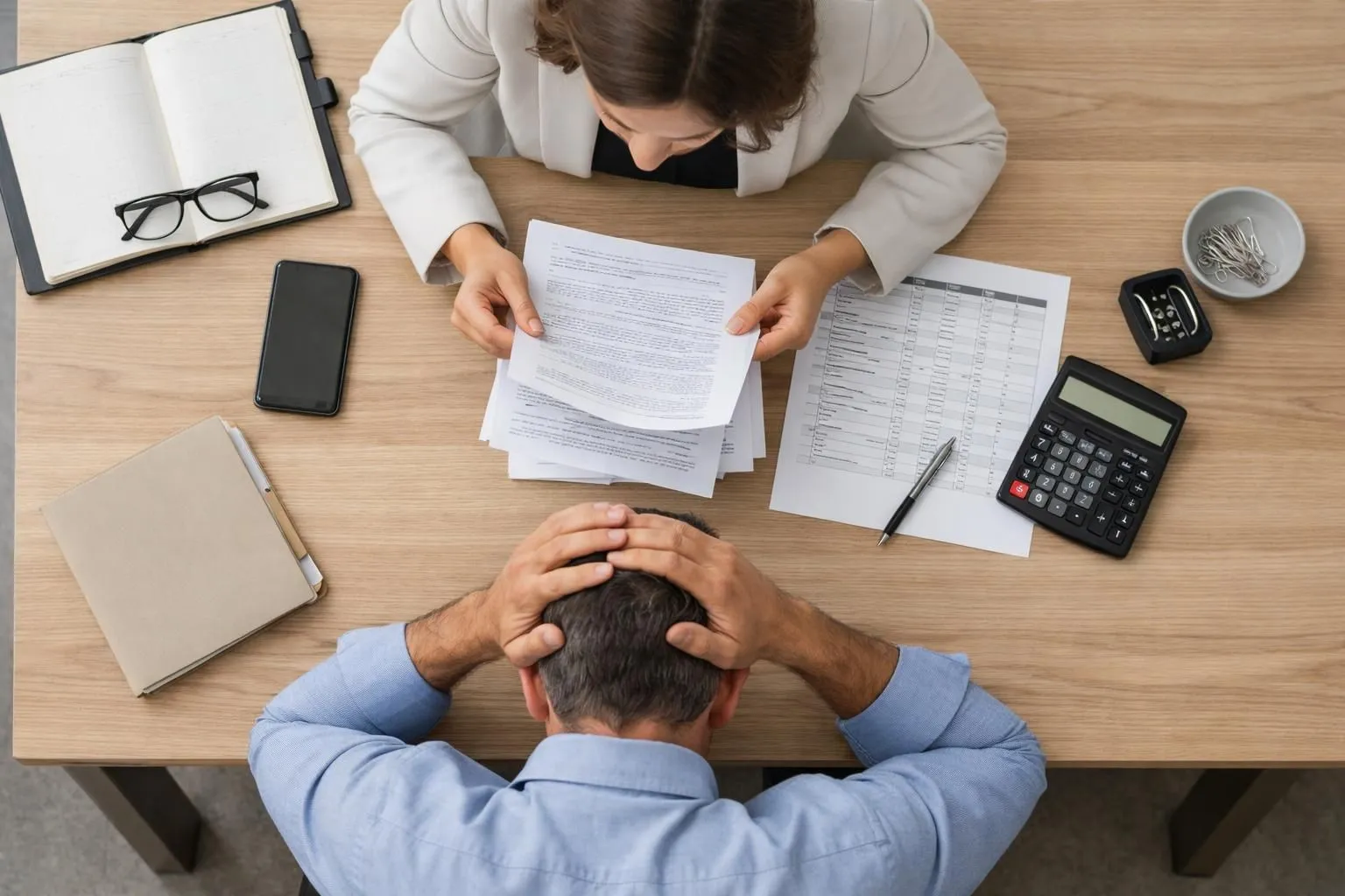 Event planner reviewing detailed contract with highlighted hidden fees, client looking concerned across desk in modern office, calculator and budget spreadsheet visible, professional consultation atmosphere conveying transparency about event costs