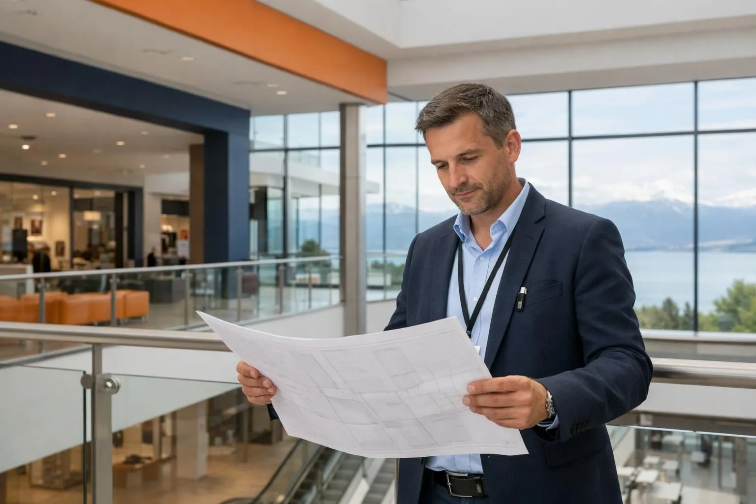 Professional event coordinator examining floor plan at modern Lausanne shopping center with Lake Geneva visible through glass walls, natural lighting, Swiss commercial architecture