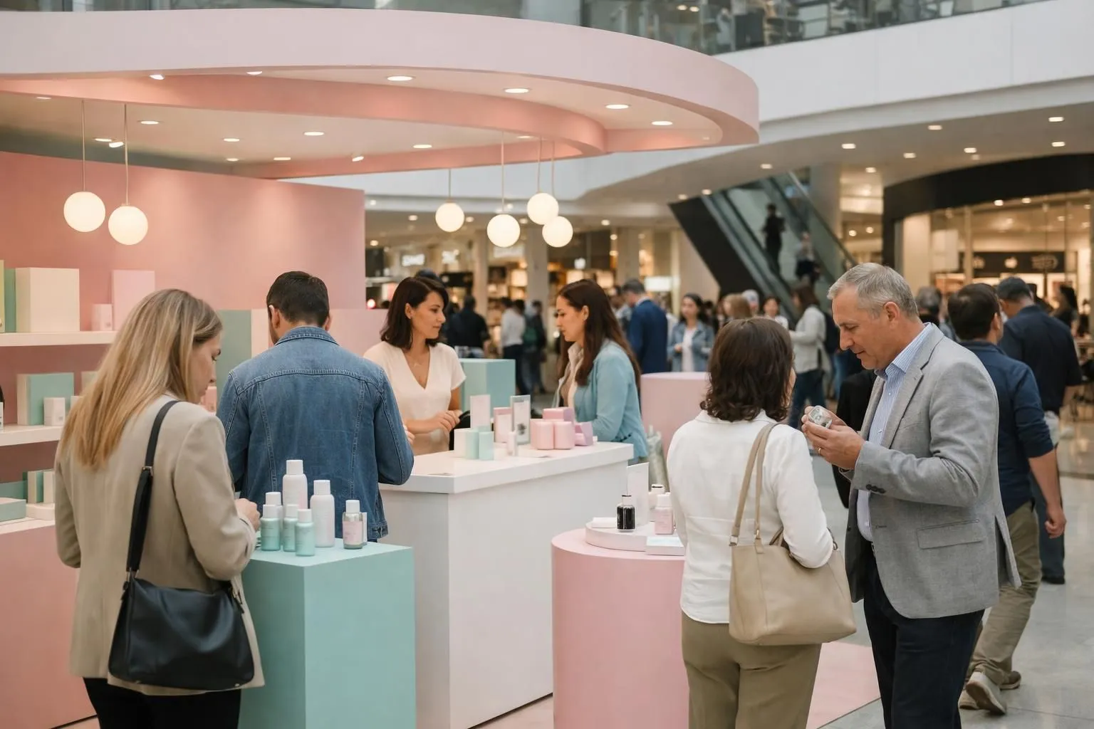 Professional event setup in modern Swiss shopping mall showing product launch booth with visitors examining displays, elegant lighting, and branded materials without any visible text or logos