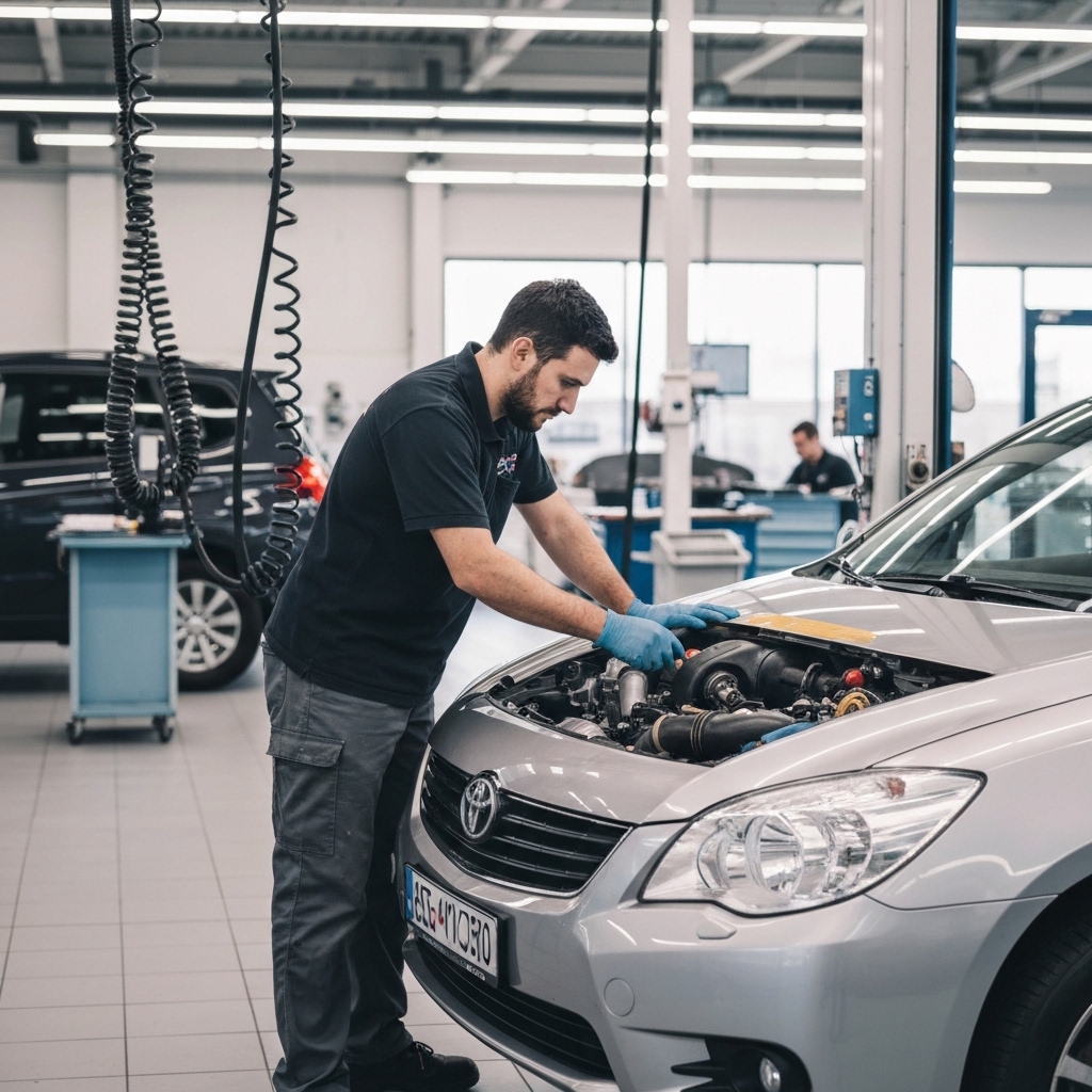 Toyota dealership service bay with certified technician inspecting hybrid vehicle engine, modern diagnostic equipment visible, bright professional workshop environment with customer service area in background, realistic photography showing automotive expertise