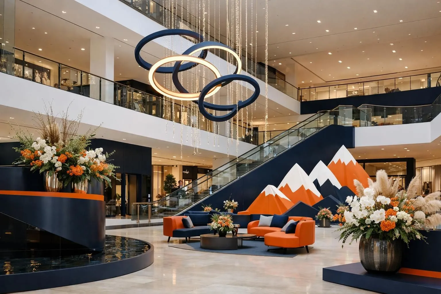 Luxurious seasonal event decoration in an upscale Swiss shopping center atrium featuring elegant custom lighting installations, sophisticated floral arrangements, and high-end thematic elements that create an immersive brand experience for visitors browsing boutique storefronts