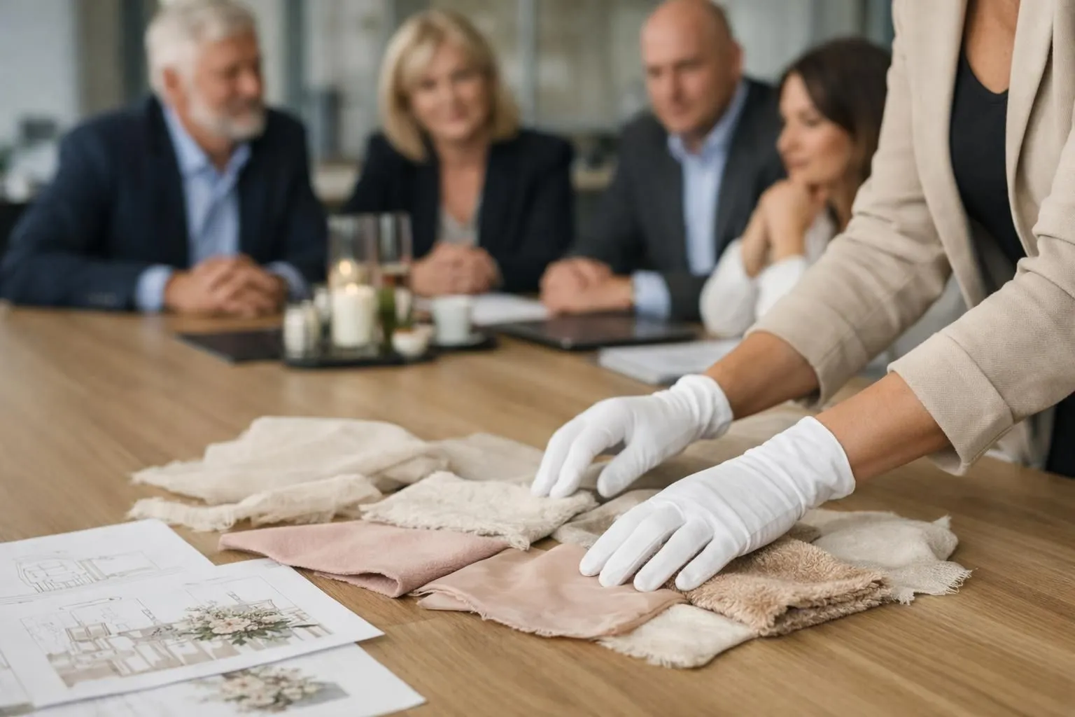 Professional event decorator presenting large-scale shopping mall decoration concepts to management team in meeting room, showing fabric samples and design sketches on table, modern commercial setting, realistic business consultation scene