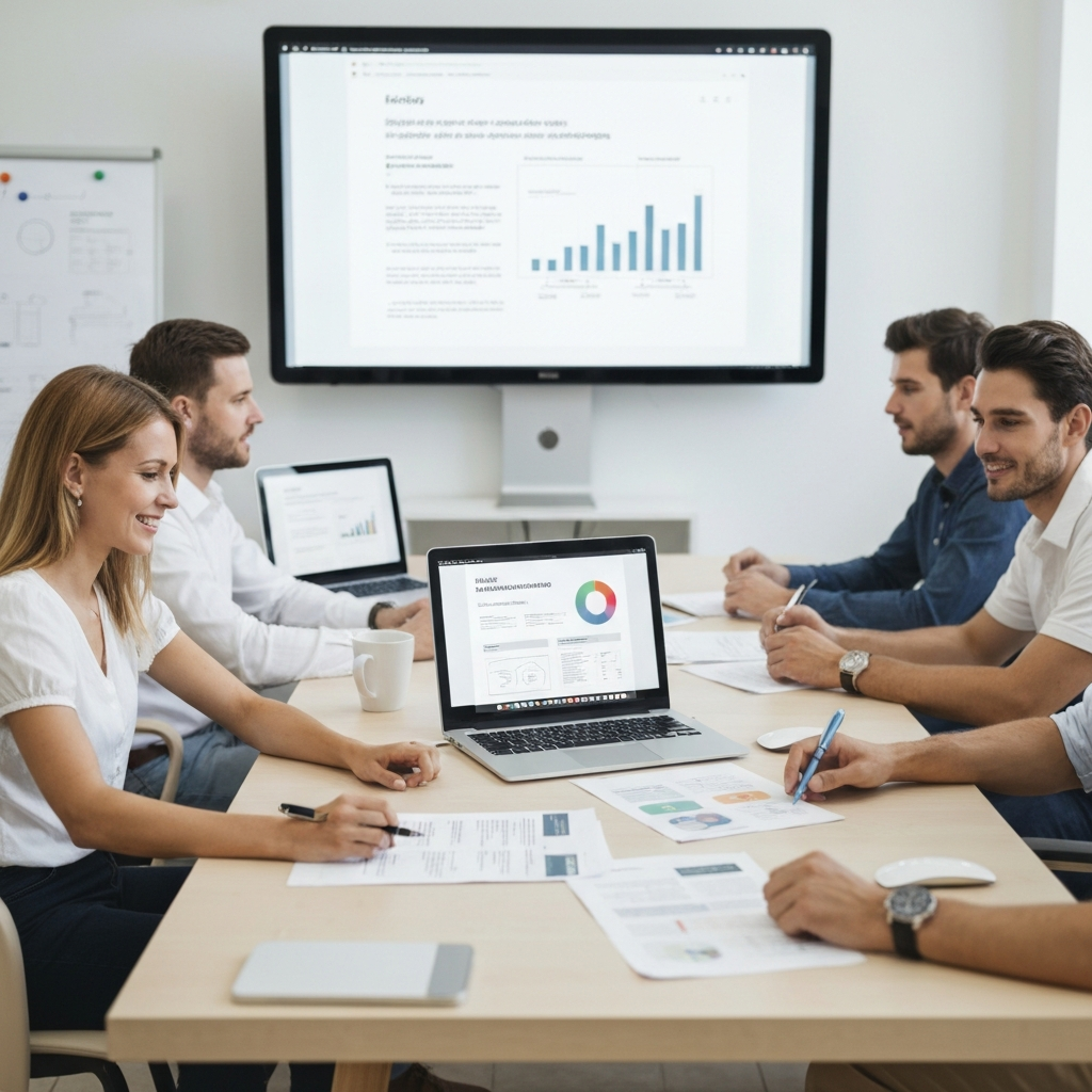 Marketing team presenting digital strategy on large screen in modern Lausanne office, with laptops showing social media dashboards and branding materials spread on conference table, natural daylight, professional business setting