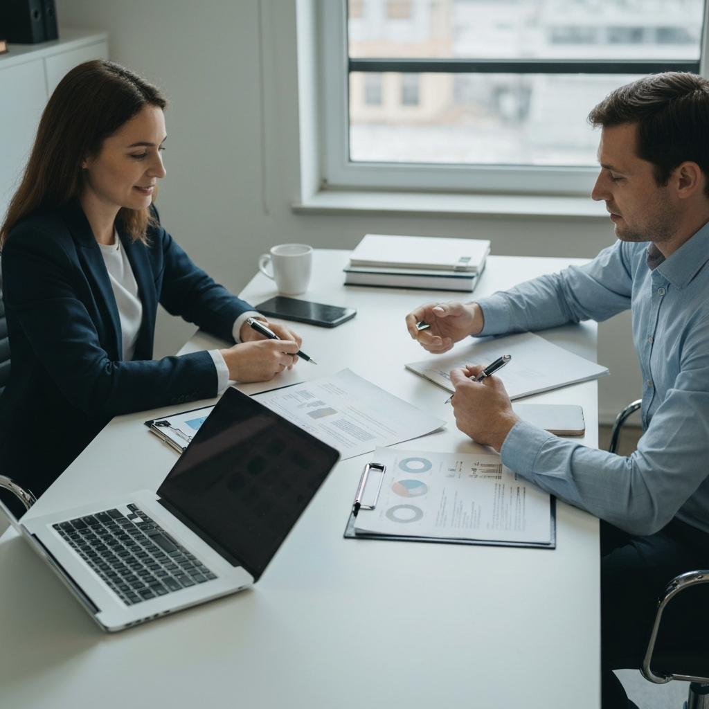 Marketing consultation meeting between professional consultant and local business owner at modern office table in Lausanne, with documents and laptop visible, natural lighting, realistic photography