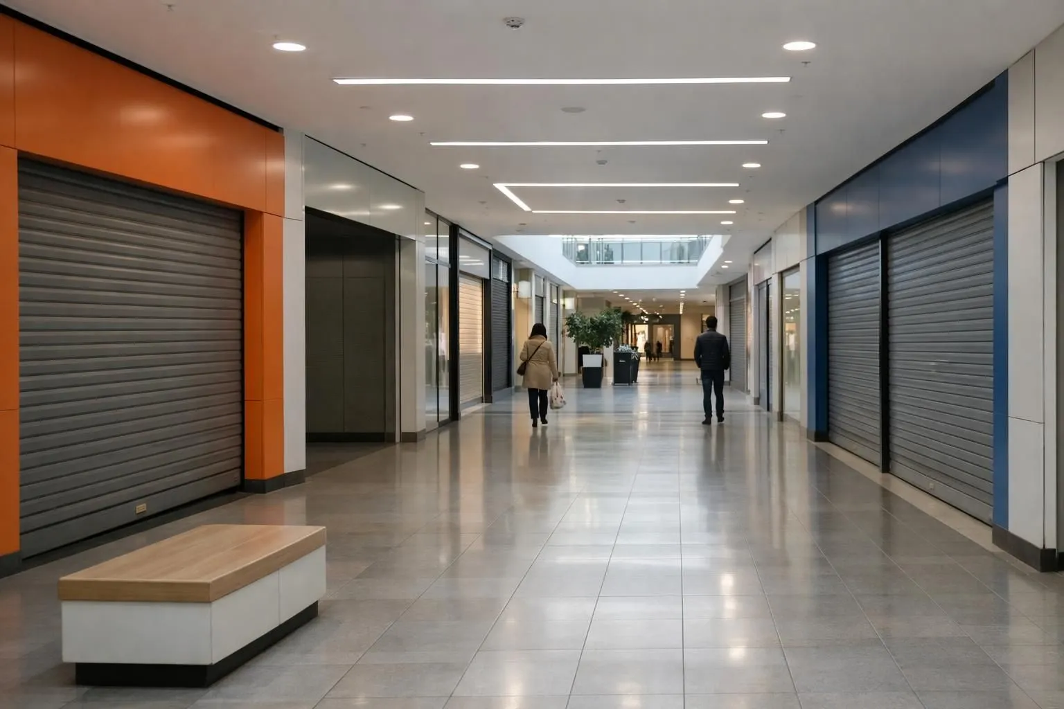 Empty modern shopping mall corridor with closed storefronts and minimal foot traffic, showing the challenge of declining visitor numbers in retail centers