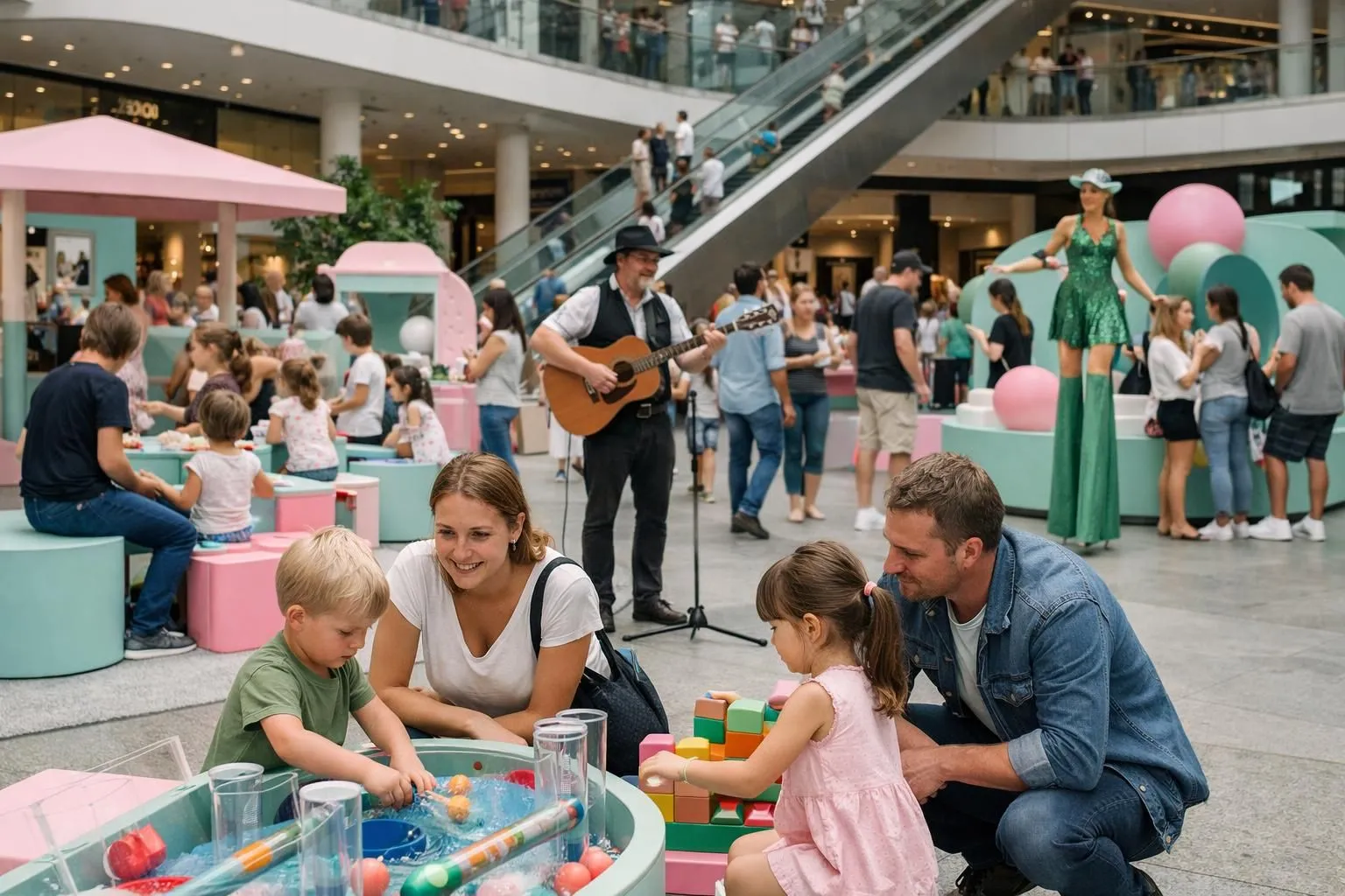 Busy shopping mall interior with families participating in a colorful interactive event, children playing at activity stations, live performers entertaining crowds, and shoppers engaging with brand activations in Zurich, Switzerland