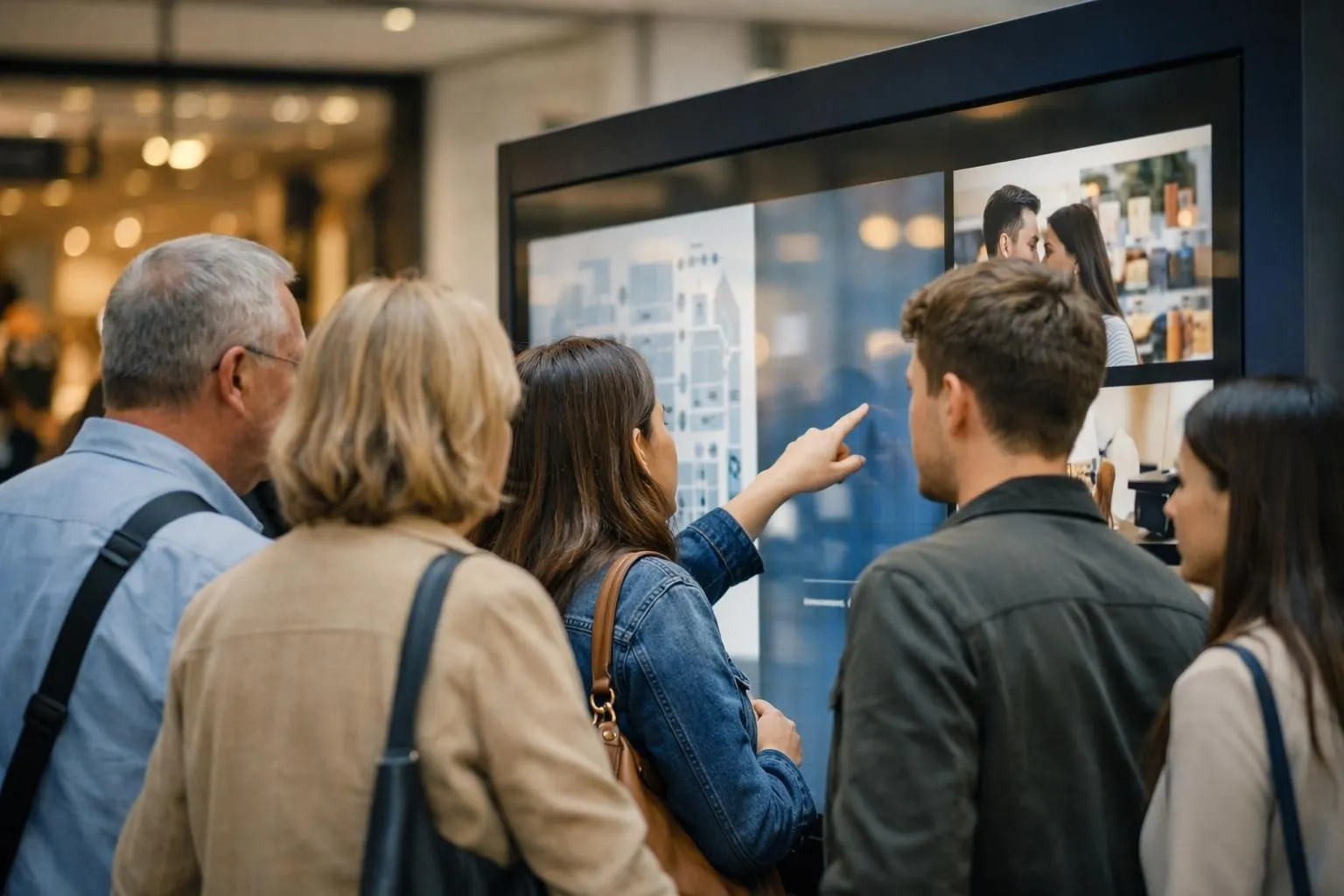 Modern shopping mall interior with large interactive digital wayfinding display showing directory and promotional content, shoppers consulting the screen in bright contemporary retail space