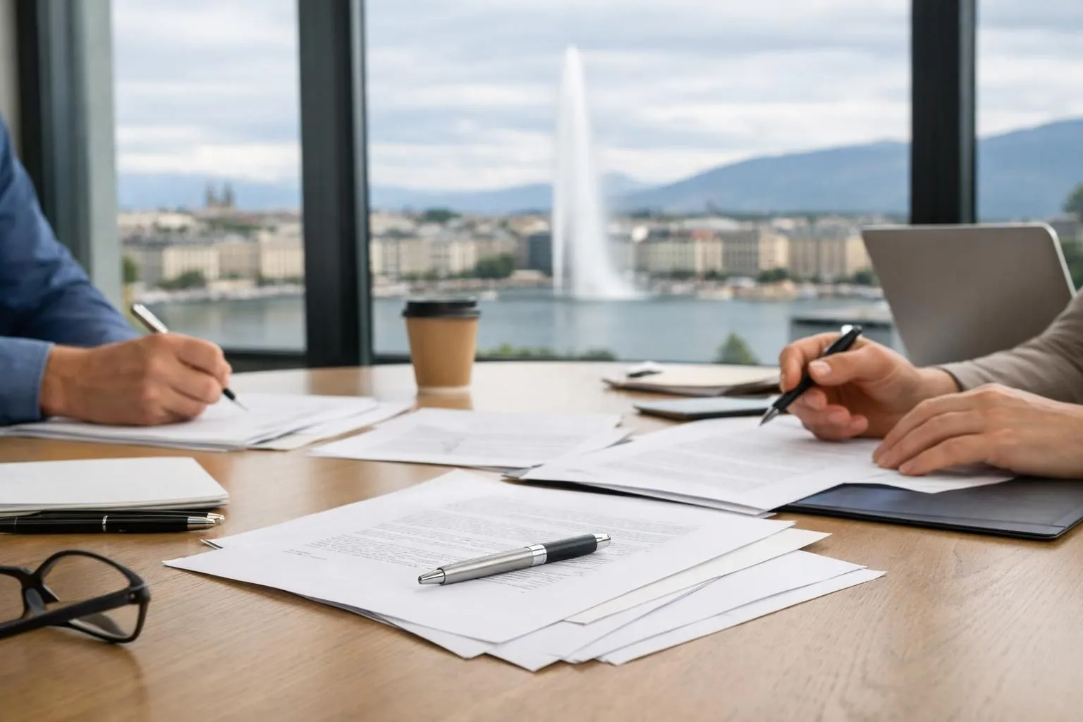Professional meeting scene showing marketing agency executives presenting documents to skeptical business clients in a modern Swiss office with Geneva cityscape visible through windows, focusing on contract details and transparent business practices, realistic photography style